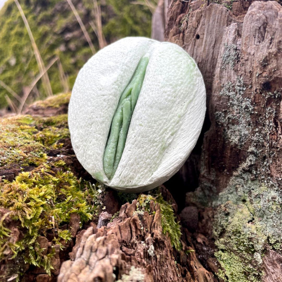 green Vulva soap on a broken trunk in the forest. Grüne Vulvaseife auf einem mosigen Baumstumpf.